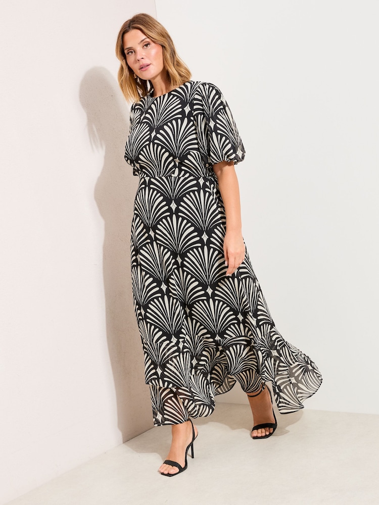 Friends Like These Black/White Geo Curve Puff Sleeve Tier Hem Midi Dress - Image 1 of 4