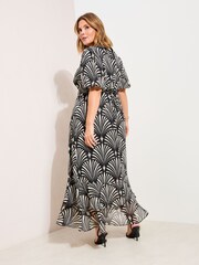 Friends Like These Black/White Geo Curve Puff Sleeve Tier Hem Midi Dress - Image 3 of 4