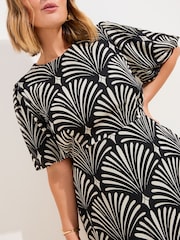 Friends Like These Black/White Geo Curve Puff Sleeve Tier Hem Midi Dress - Image 4 of 4