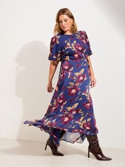 Friends Like These Navy Floral Curve Puff Sleeve Tier Hem Midi Dress - Image 1 of 4