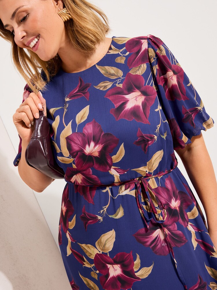 Friends Like These Navy Floral Curve Puff Sleeve Tier Hem Midi Dress - Image 2 of 4