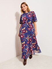 Friends Like These Navy Floral Curve Puff Sleeve Tier Hem Midi Dress - Image 3 of 4