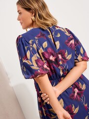 Friends Like These Navy Floral Curve Puff Sleeve Tier Hem Midi Dress - Image 4 of 4