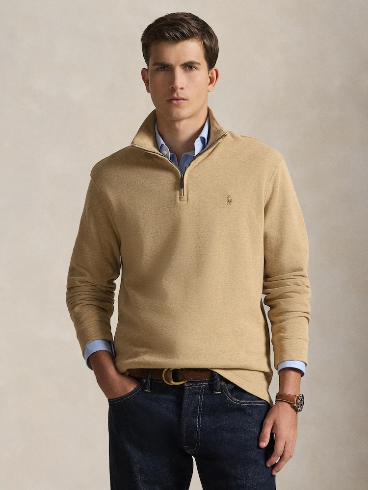 Polo Ralph Lauren Classic Camel Heather Knit-Half Zip-Pullover Sweatshirt - Image 1 of 5 Polo Ralph Lauren Classic Camel Heather Knit-Half Zip-Pullover Sweatshirt - Image 1 of 5