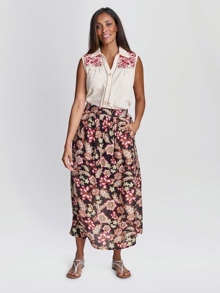 Gina Bacconi EMI Floral Print Elastic Waist Black Skirt - Image 3 of 3