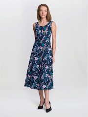 Gina Bacconi Blue Floral Print Jersey Dress - Image 1 of 5