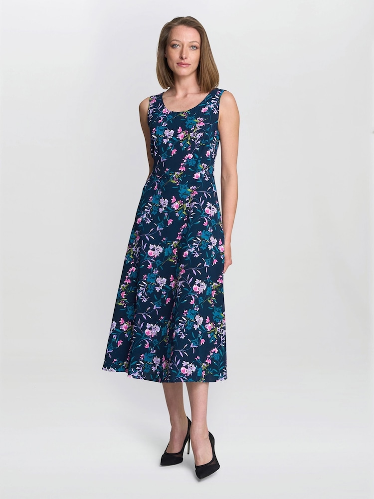 Gina Bacconi Blue Floral Print Jersey Dress - Image 1 of 5