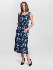 Gina Bacconi Blue Floral Print Jersey Dress - Image 4 of 5