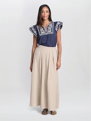 Gina Bacconi Blue Cressa Embroidered Cotton Flutter Sleeve Top - Image 1 of 3