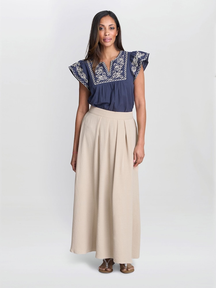 Gina Bacconi Blue Cressa Embroidered Cotton Flutter Sleeve Top - Image 1 of 3