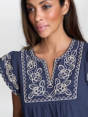 Gina Bacconi Blue Cressa Embroidered Cotton Flutter Sleeve Top - Image 2 of 3