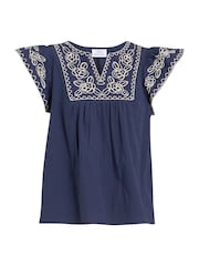 Gina Bacconi Blue Cressa Embroidered Cotton Flutter Sleeve Top - Image 3 of 3