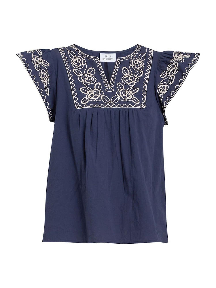 Gina Bacconi Blue Cressa Embroidered Cotton Flutter Sleeve Top - Image 3 of 3