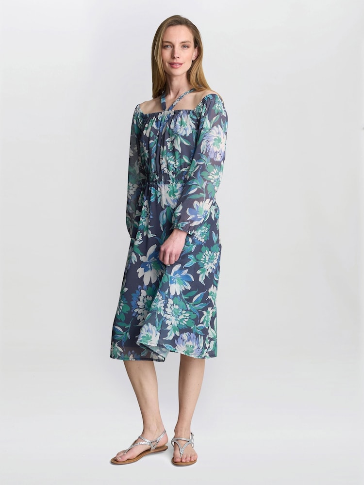 knee length dresses for ladies RYAN FLORAL PRINTED SATIN MIDI DRESS  AKIRA