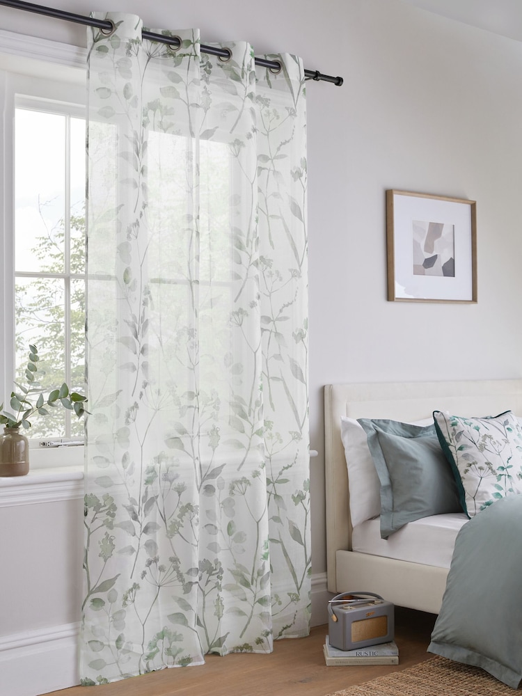 Sage Green Isla Floral Printed Eyelet Unlined Sheer Panel Voile Curtain - Image 1 of 4