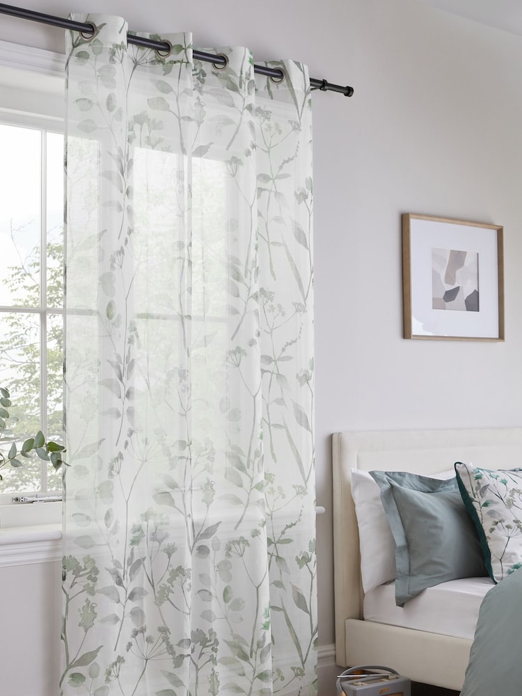 Sage Green Isla Floral Printed Eyelet Unlined Sheer Panel Voile Curtain - Image 2 of 4 Sage Green Isla Floral Printed Eyelet Unlined Sheer Panel Voile Curtain - Image 2 of 4