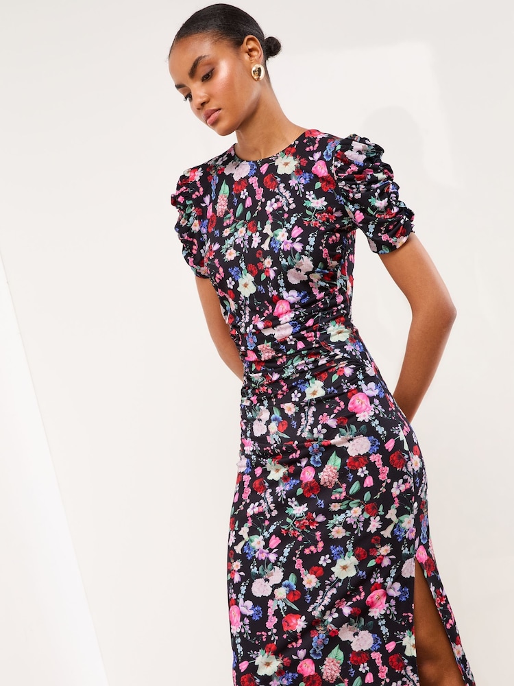 knee length dresses for ladies silky floral ruched midi dress *last one* S – tre' sorelle main image 1
