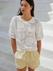 White Short Sleeve Floral Crochet Crew Neck T-Shirt - Image 2 of 3