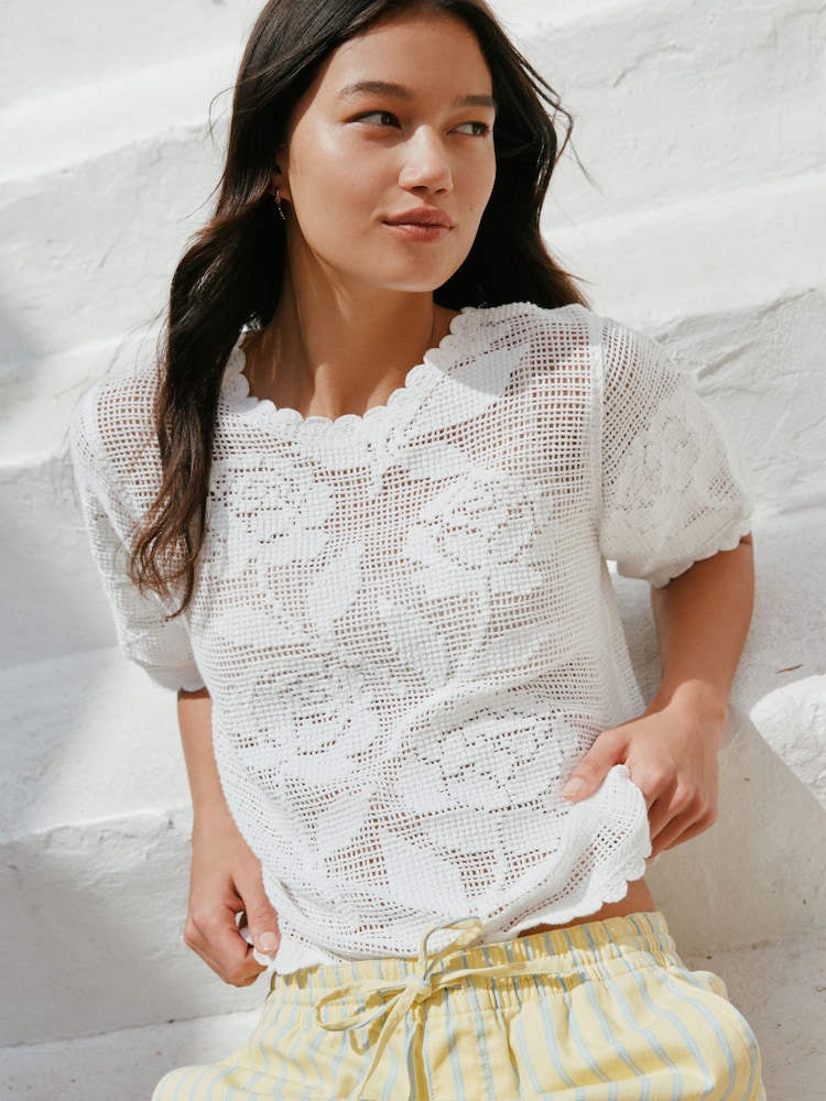 White Short Sleeve Floral Crochet Crew Neck T-Shirt - Image 3 of 3