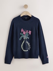 Navy Blue Floral Embellished Supersoft Crew Neck Long Sleeve Jumper - Image 1 of 3