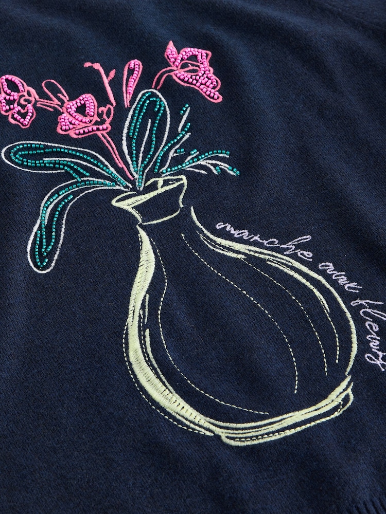 Navy Blue Floral Embellished Supersoft Crew Neck Long Sleeve Jumper - Image 8 of 8