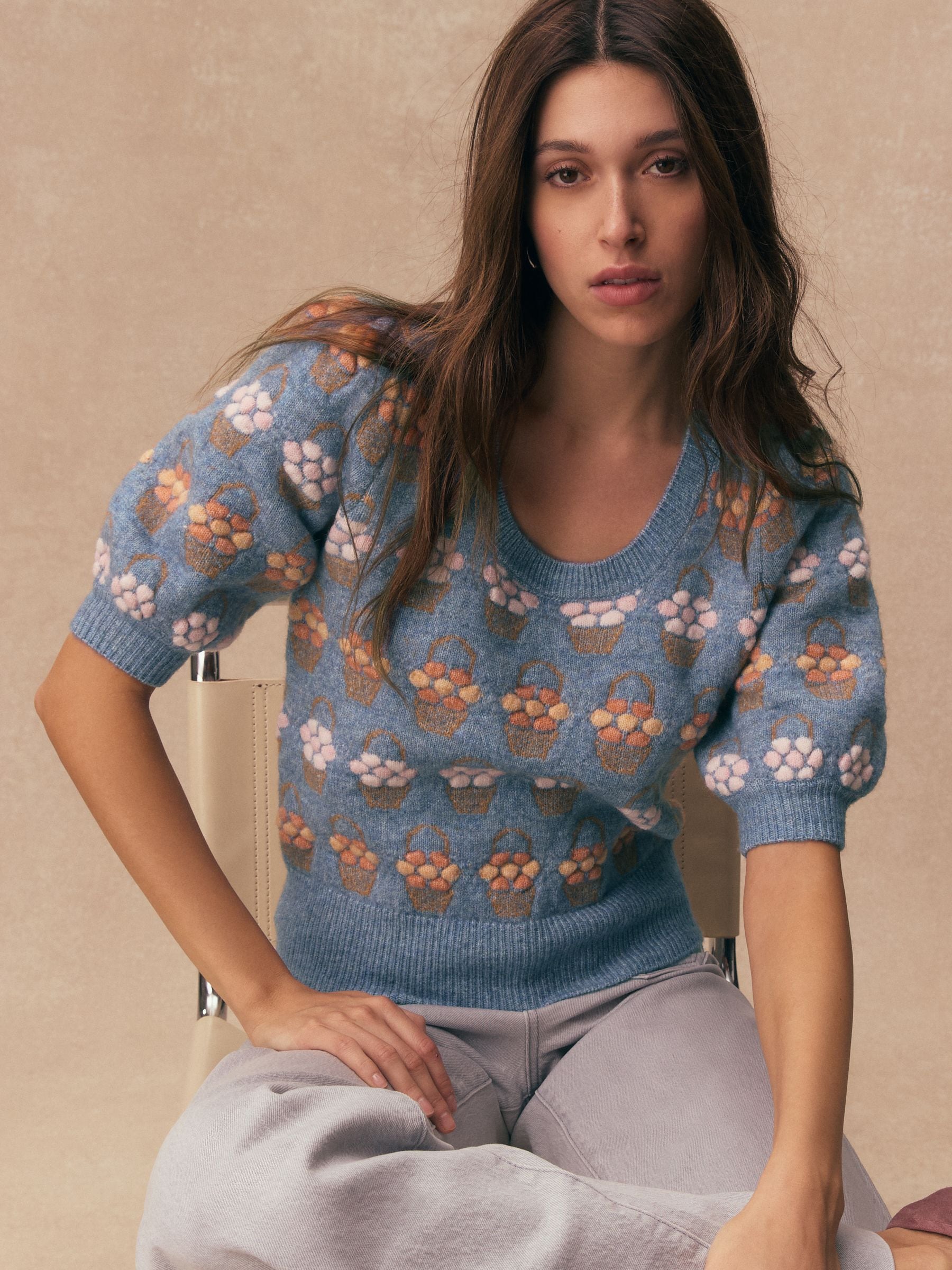 Buy Blue Floral Puff Sleeve Knitted Top from Next USA