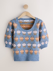 Blue Floral Puff Sleeve Knitted Top - Image 1 of 3