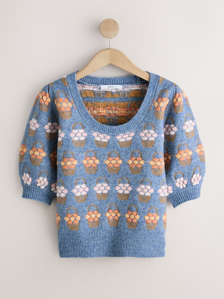 Blue Floral Puff Sleeve Knitted Top - Image 1 of 3