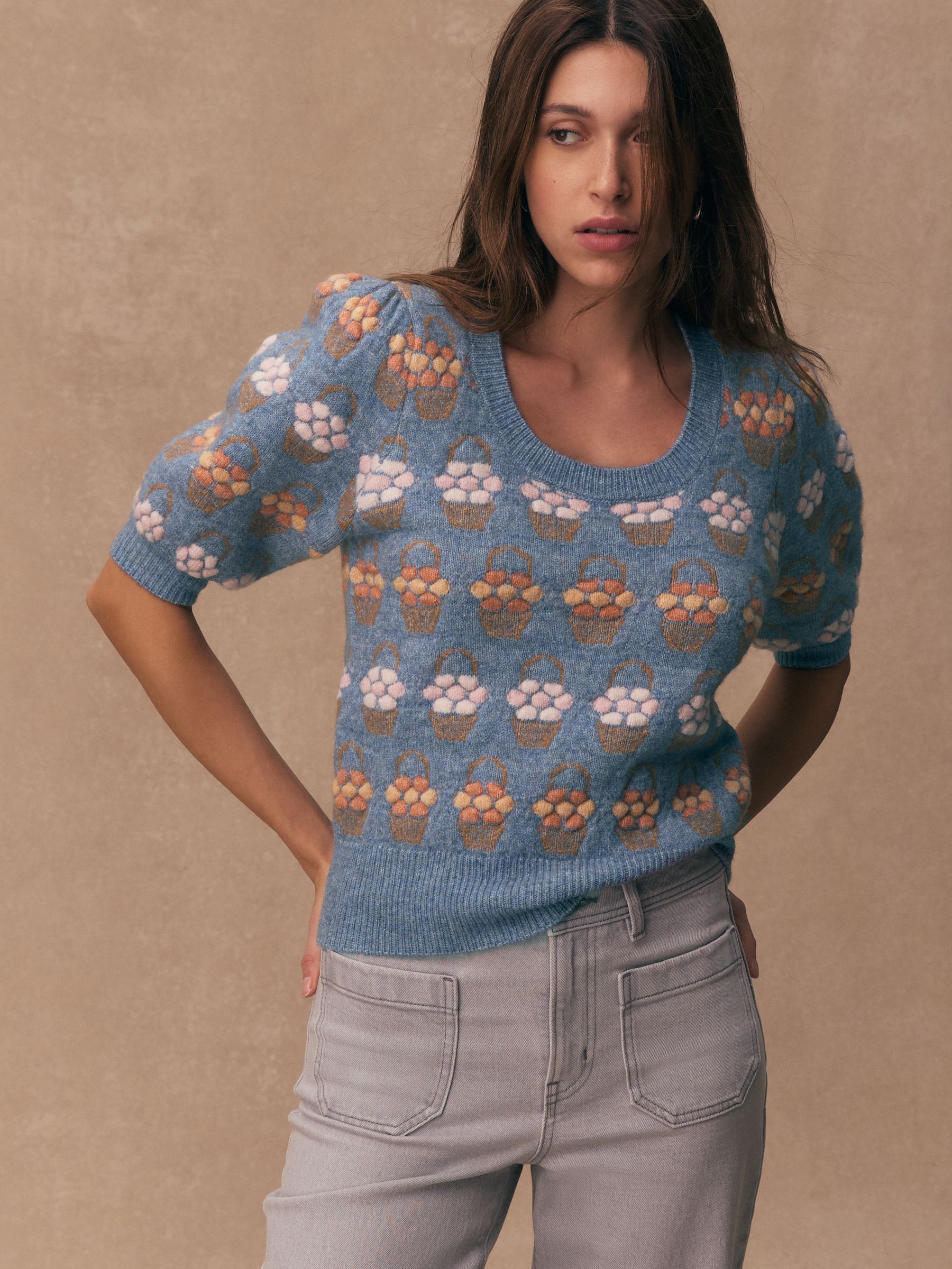 Buy Blue Floral Puff Sleeve Knitted Top from Next USA