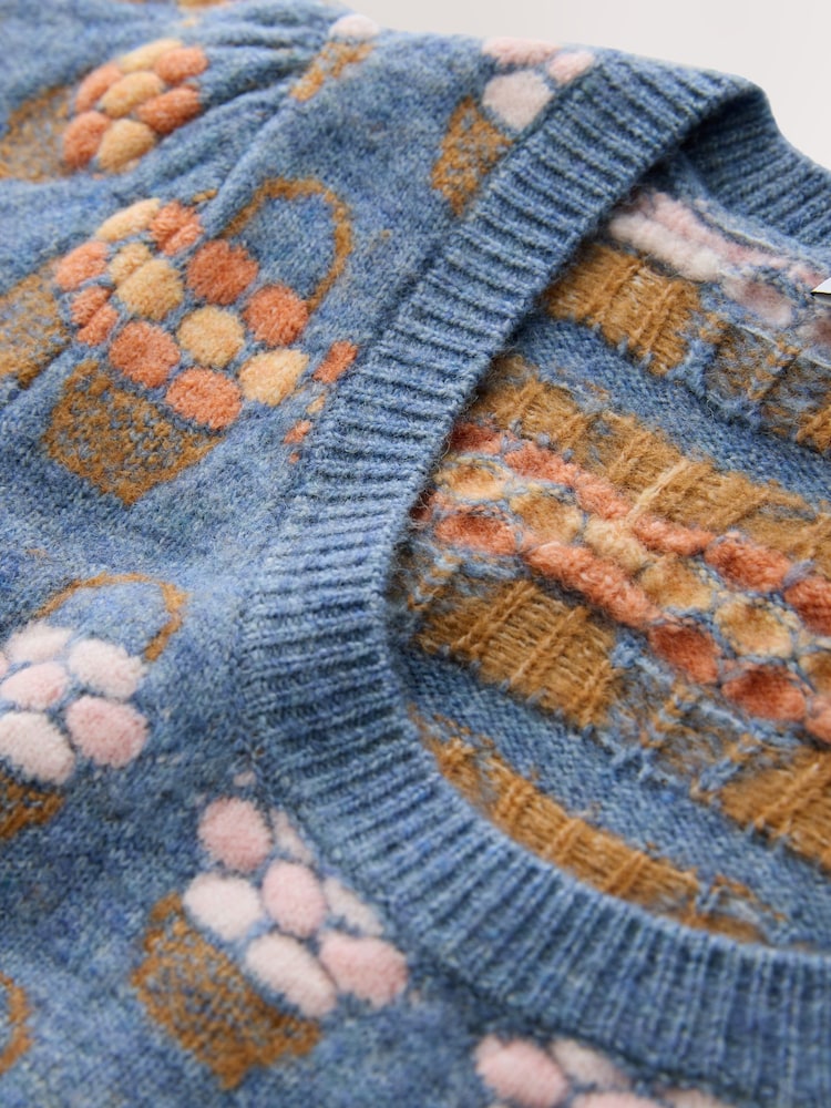 Blue Floral Puff Sleeve Knitted Top - Image 2 of 3