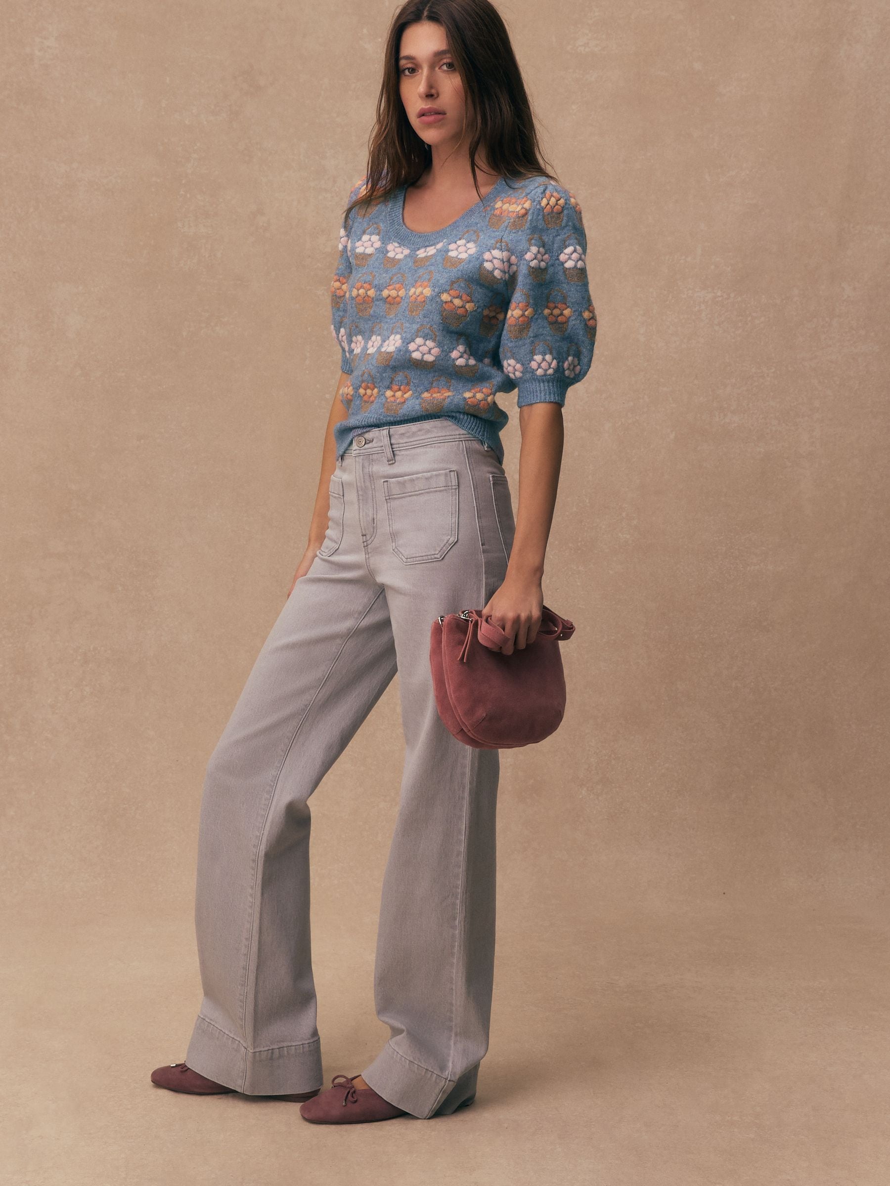 Buy Blue Floral Puff Sleeve Knitted Top from Next USA