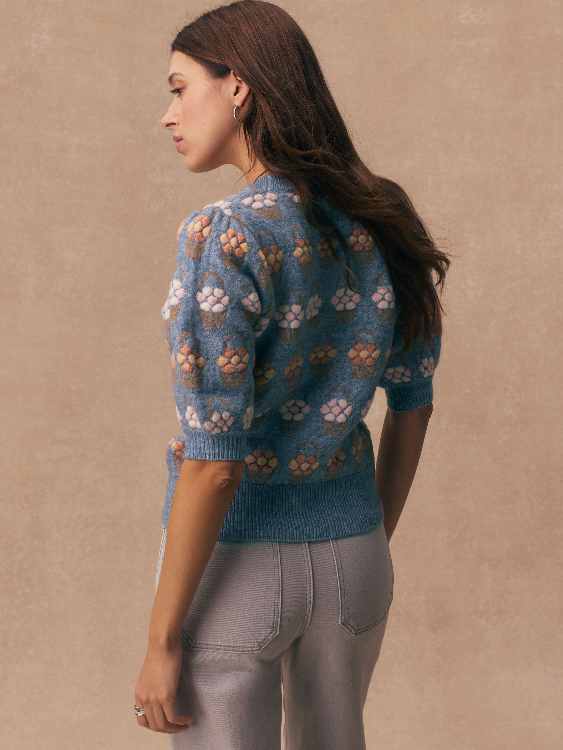 Buy Blue Floral Puff Sleeve Knitted Top from Next USA