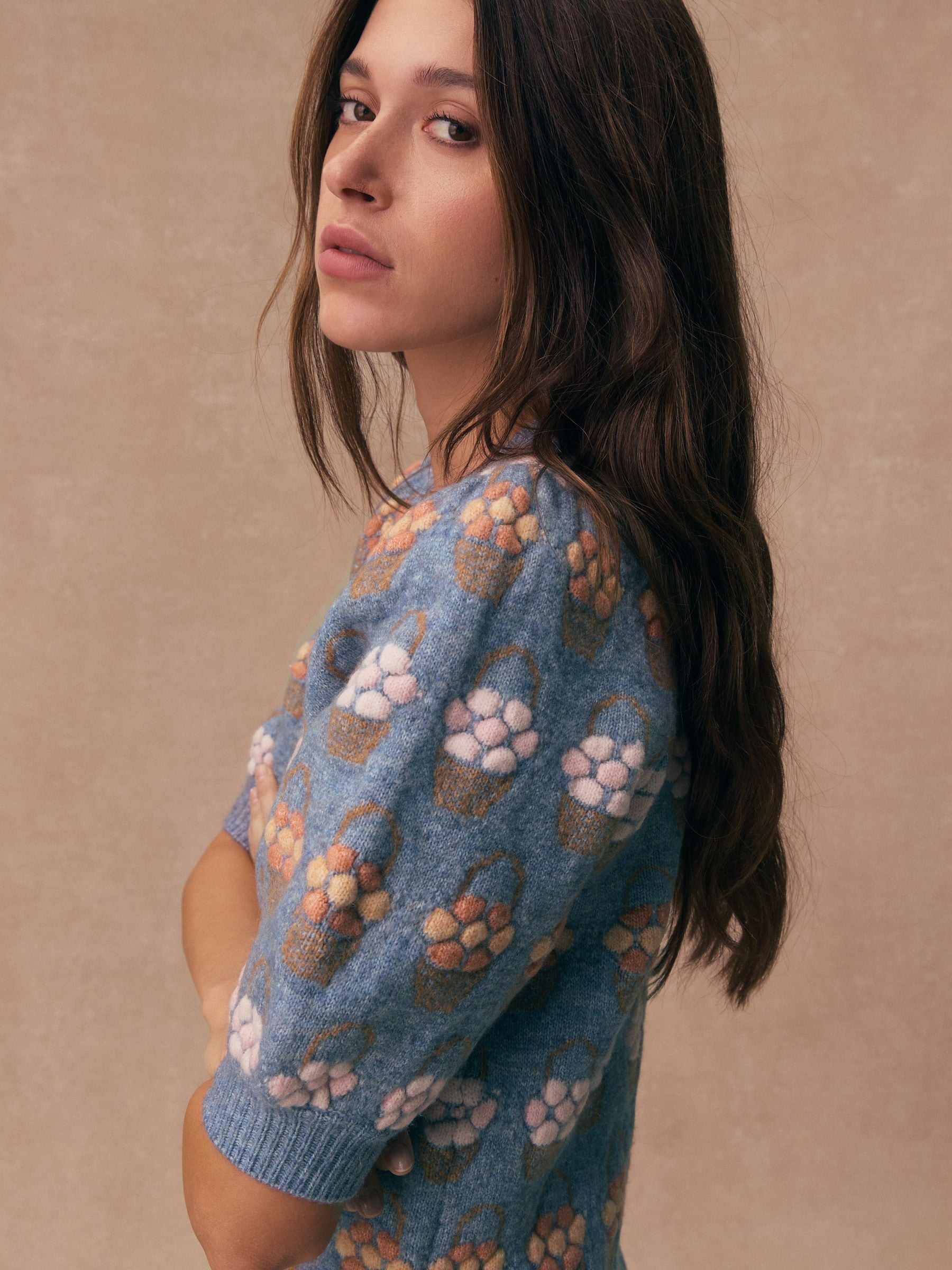 Buy Blue Floral Puff Sleeve Knitted Top from Next USA