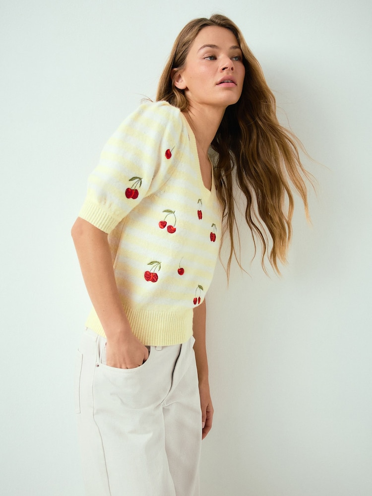 Yellow Stripe Cherry Embroidery Puff Sleeve Knitted Top - Image 2 of 8