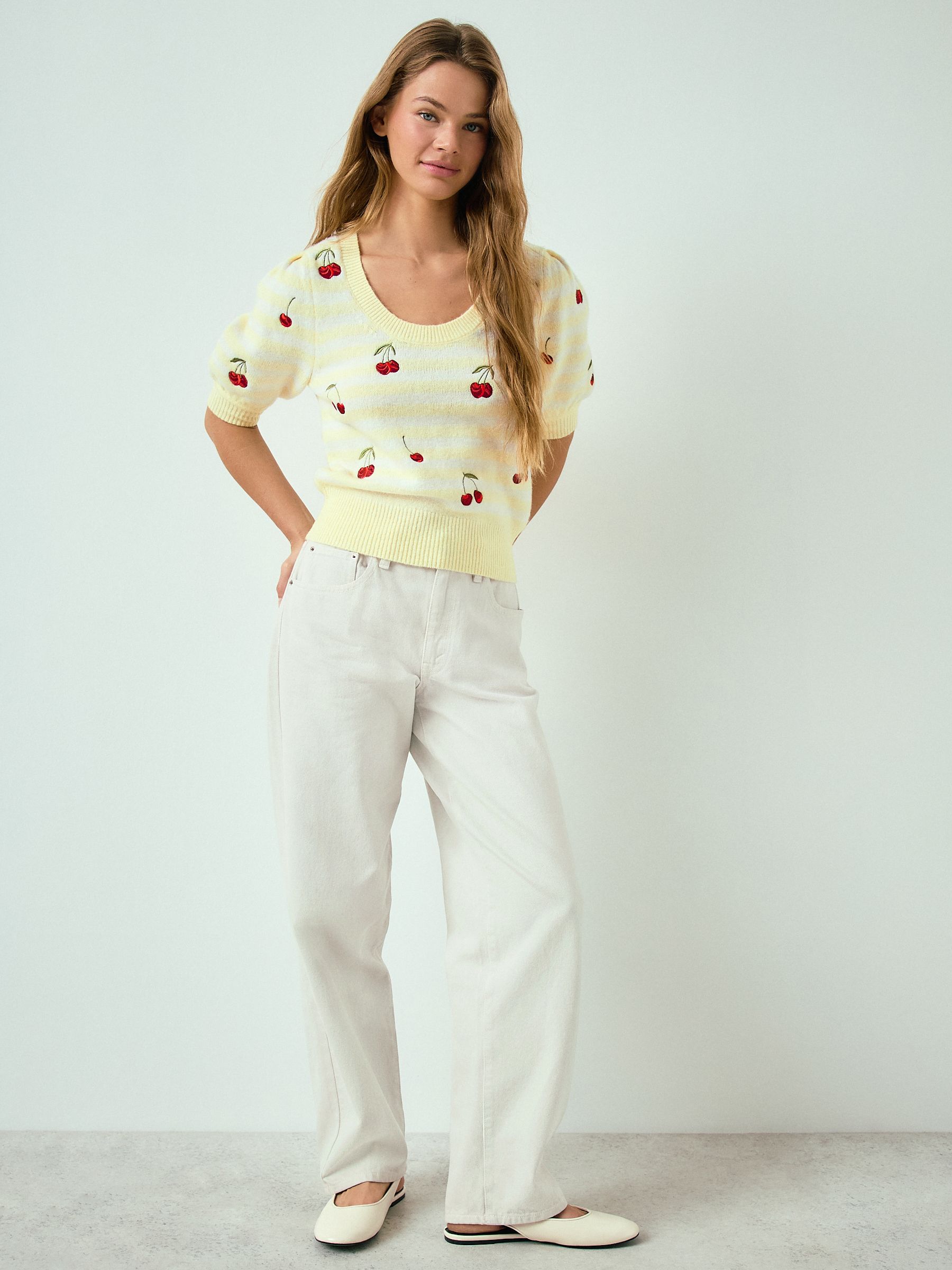 Buy Yellow/White Stripe Cherry Puff Sleeve Knitted Top from Next USA