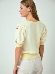 Yellow Stripe Cherry Embroidery Puff Sleeve Knitted Top - Image 4 of 8