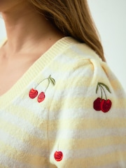Yellow Stripe Cherry Embroidery Puff Sleeve Knitted Top - Image 5 of 8