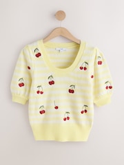 Yellow Stripe Cherry Embroidery Puff Sleeve Knitted Top - Image 6 of 8