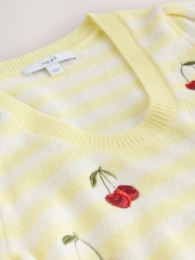 Yellow Stripe Cherry Embroidery Puff Sleeve Knitted Top - Image 7 of 8