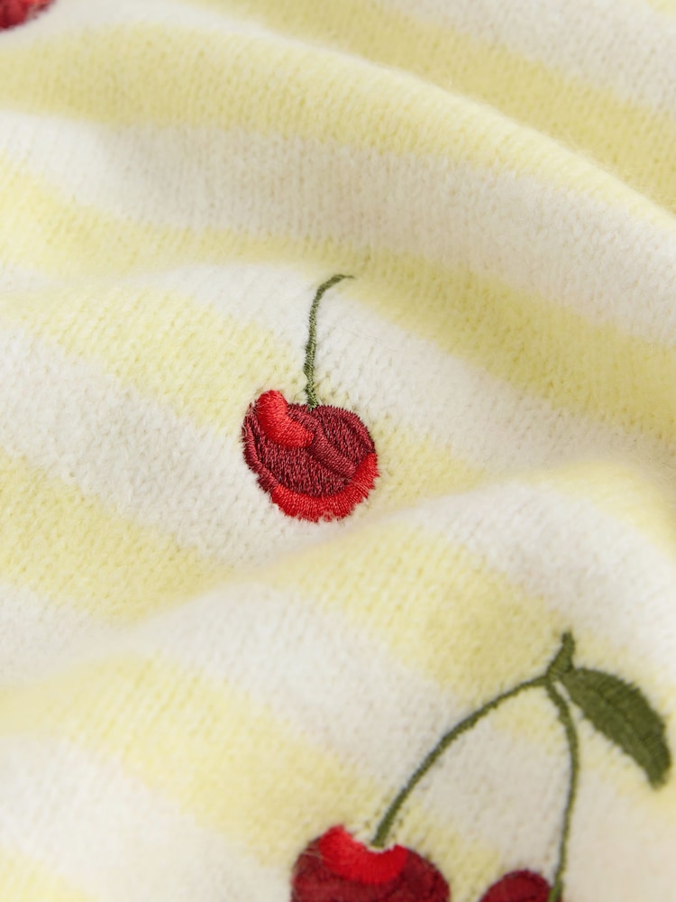 Yellow Stripe Cherry Embroidery Puff Sleeve Knitted Top - Image 8 of 8