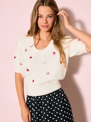 White Floral Detail Puff Sleeve Knitted Top - Image 1 of 8