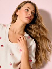 White Floral Detail Puff Sleeve Knitted Top - Image 5 of 8