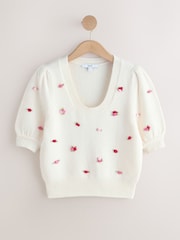 White Floral Detail Puff Sleeve Knitted Top - Image 6 of 8