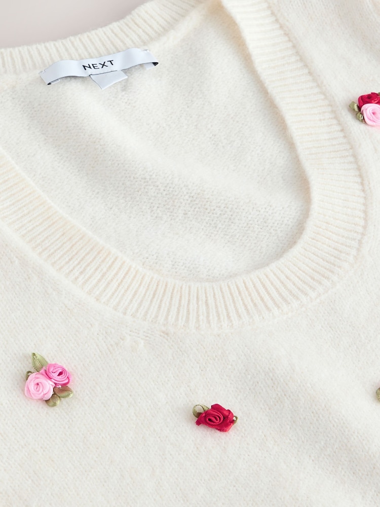 White Floral Detail Puff Sleeve Knitted Top - Image 8 of 8