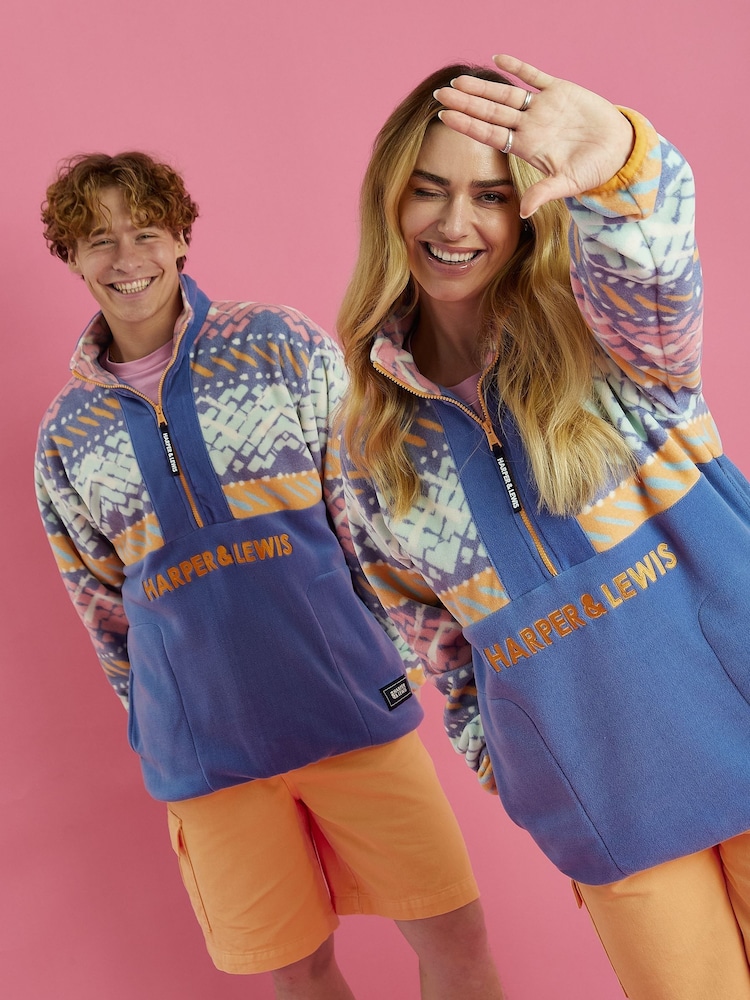 Harper & Lewis Blue Bodie Retro Pattern 1/4 Zip Fleece - Image 1 of 8