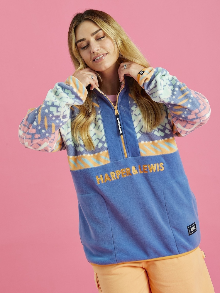 Harper & Lewis Blue Bodie Retro Pattern 1/4 Zip Fleece - Image 2 of 8