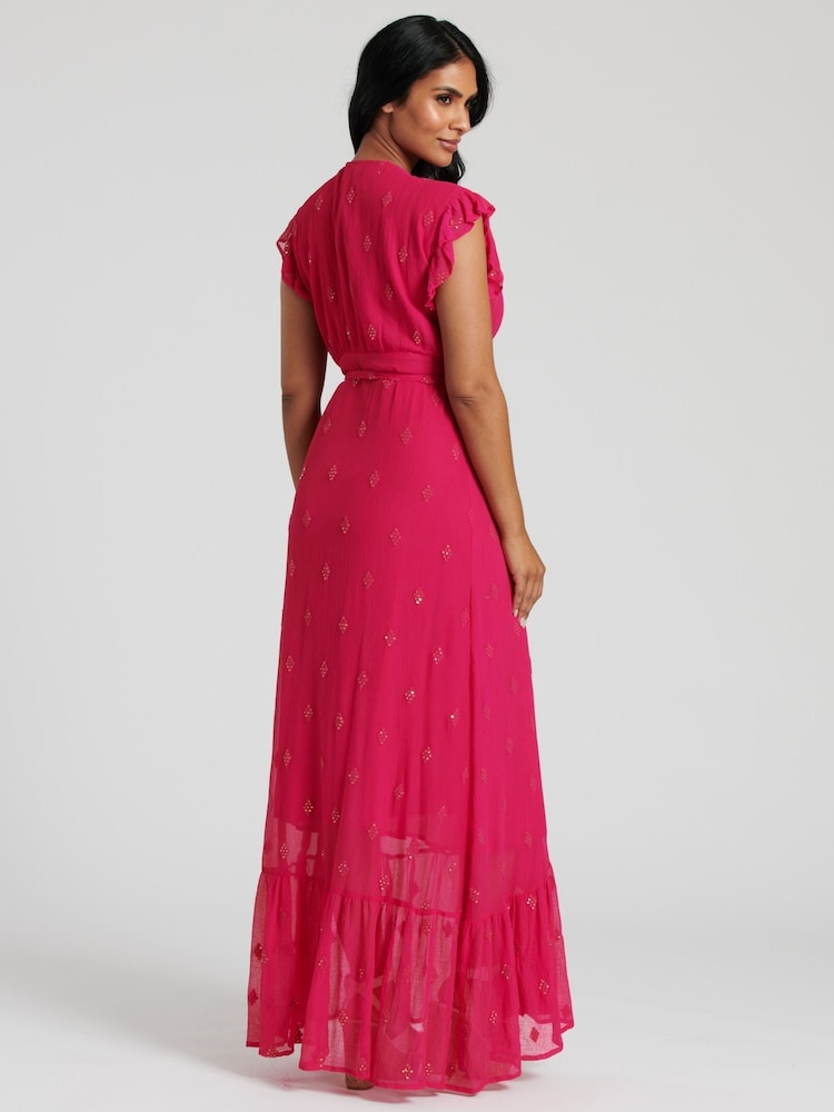 South Beach Pink Sequin Detail Wrap Midi Dress - Image 2 of 5