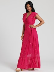 South Beach Pink Sequin Detail Wrap Midi Dress - Image 3 of 5