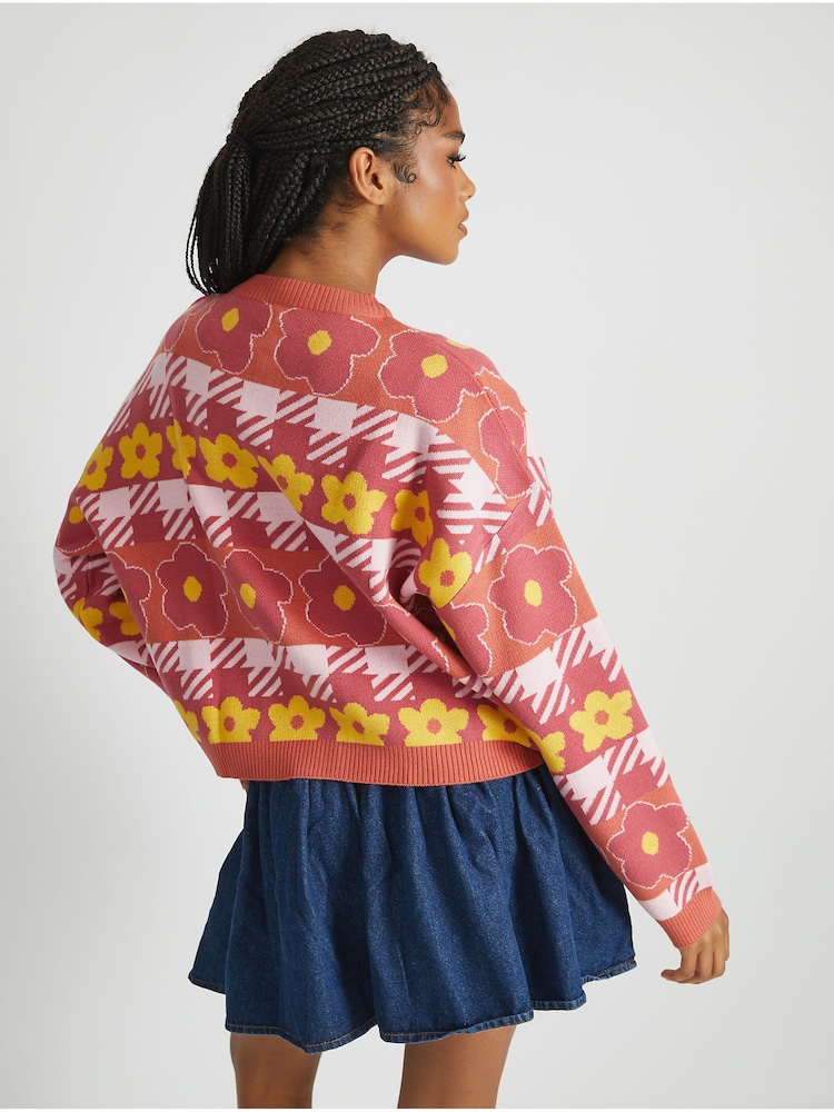 Skinnydip Orange Houndstooth Flower Knitted Cardigan - Image 2 of 4 Skinnydip Orange Houndstooth Flower Knitted Cardigan - Image 2 of 4