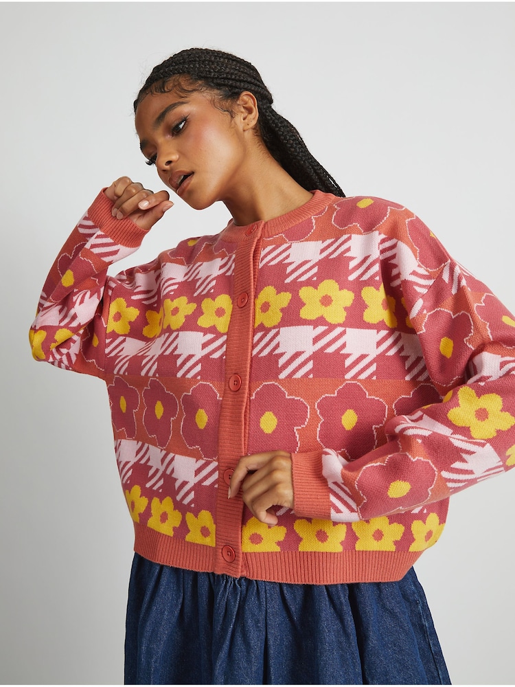 Skinnydip Orange Houndstooth Flower Knitted Cardigan - Image 4 of 4 Skinnydip Orange Houndstooth Flower Knitted Cardigan - Image 4 of 4